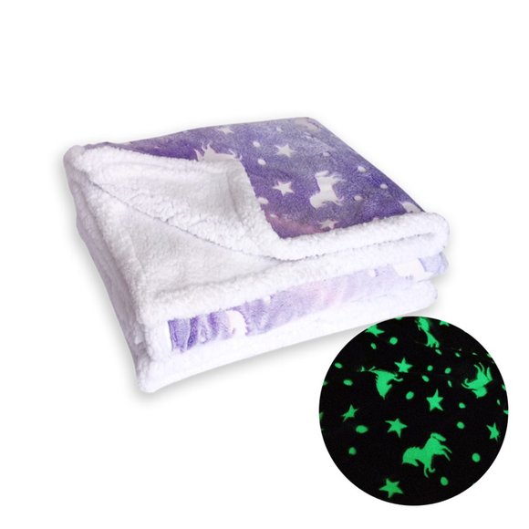 Glow in the Dark Unicorn Fluffy Sherpa Soft Warm Blanket| Purple - Picture 2 of 4